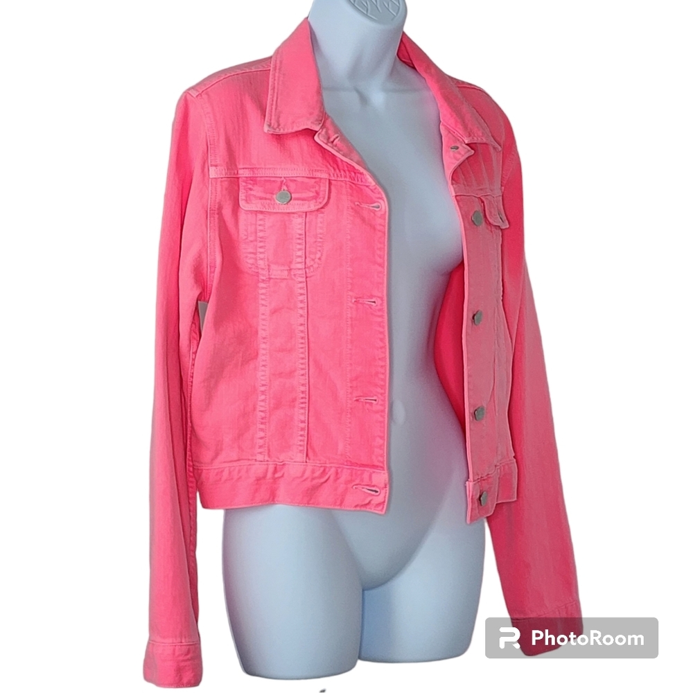 J Brand-Christopher Kane jacket denim neon pink-peach button front sz lrg 🎉 HP - Picture 7 of 16